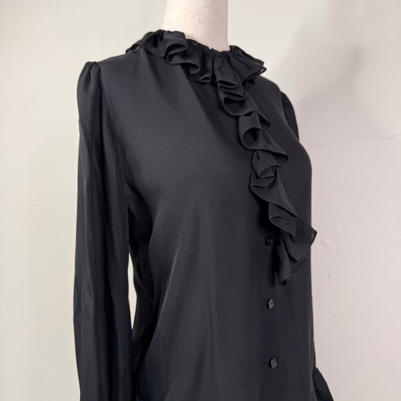 NWT Nili Lotan Black Silk Cecily Ruffle Front Blouse Top XS Button Romantic - Picture 9 of 11